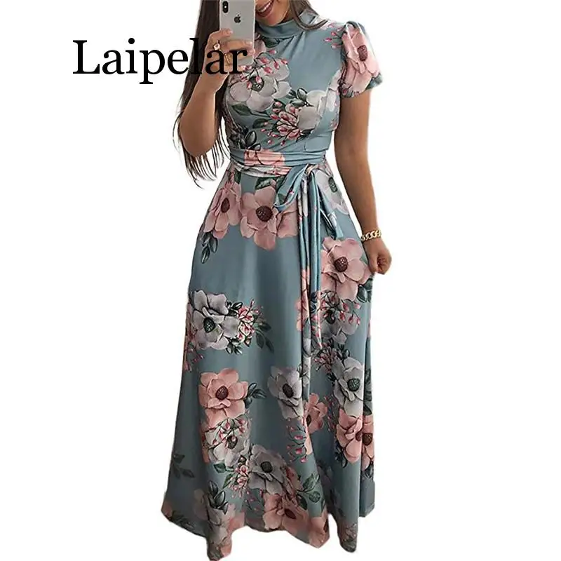 

Laipelar Women Long Maxi Dress 2019 Summer Floral Print Boho Style Beach Dress Casual Short Sleeve Bandage Party Dress