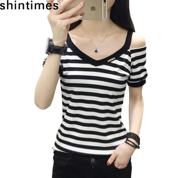 Striped Tee Shirt Femme 2019 Summer Korean Fashion Casual V-Neck T Shirt Women Short Sleeve Off Shoulder Black Women Tshirts cutout neck bell sleeve striped tee