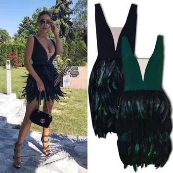 

2019 New Women Fashion Feathers Black Green Sleeveless Bandage Dress V Neck Mesh Backless Celebrity Vestidos Mini Party Club