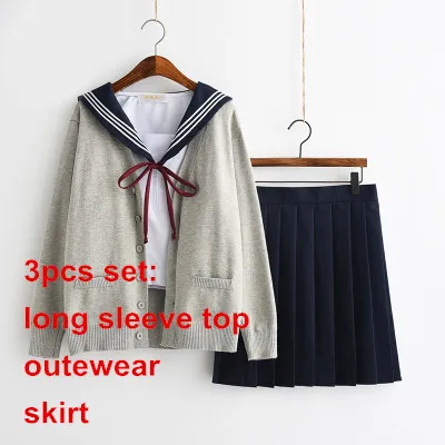 long 3pcs set Для женщин JK форма для старшей школы девочек японский консервативный стиль костюм моряка Сладкий Белый Топ короткая плиссированная юбка - Цвет: long 3pcs set