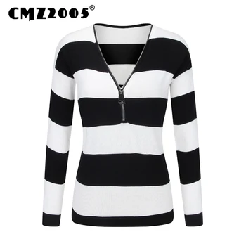 

Hot Sale New Style Women's Apparel Long Sleeve V-Neck Zipper Decorate Patchwork Fashion Winter Pullovers Knitted Sweater 2785