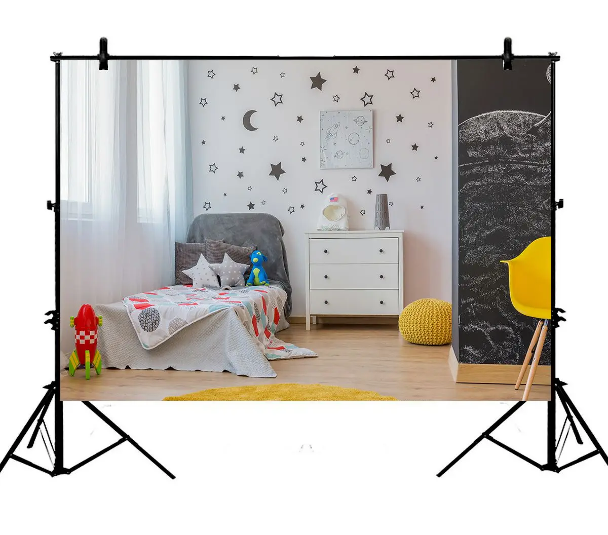 

5x7ft Bed Space Bedroom White Curtain Red Rocket Scene Polyester Photo Background Portrait Backdrop