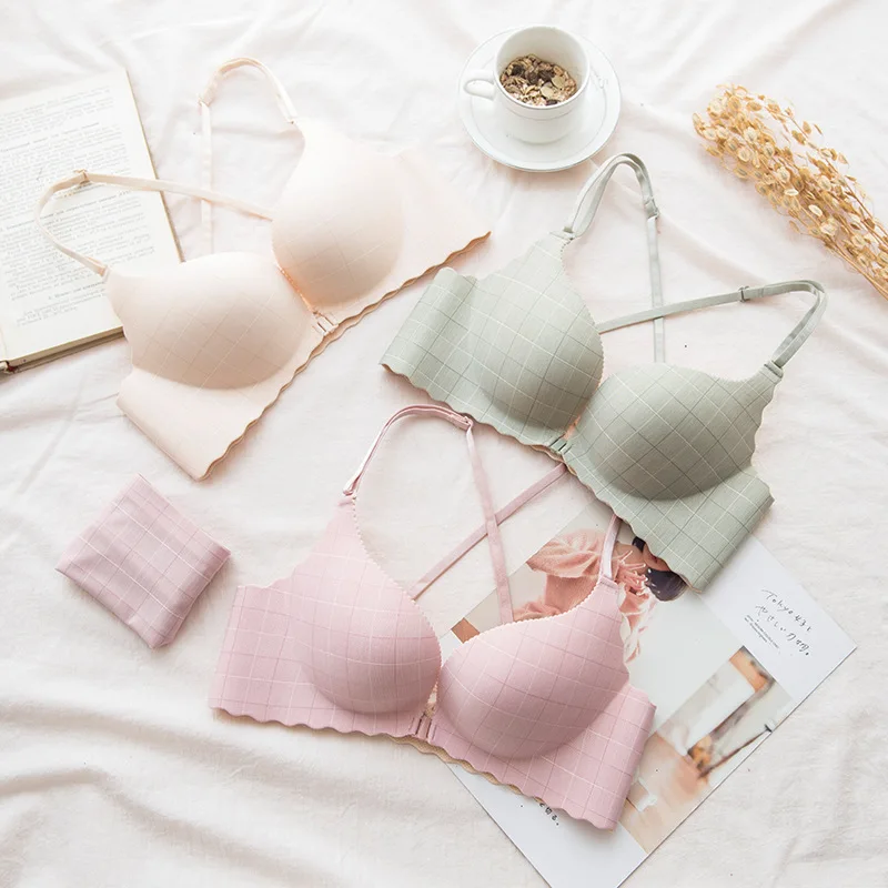 

Wasteheart Women Fashion Front Closure Wireless Padded Push Up Bras One-Piece Bra Set Cotton Panties Underwear Sexy Lingerie Set