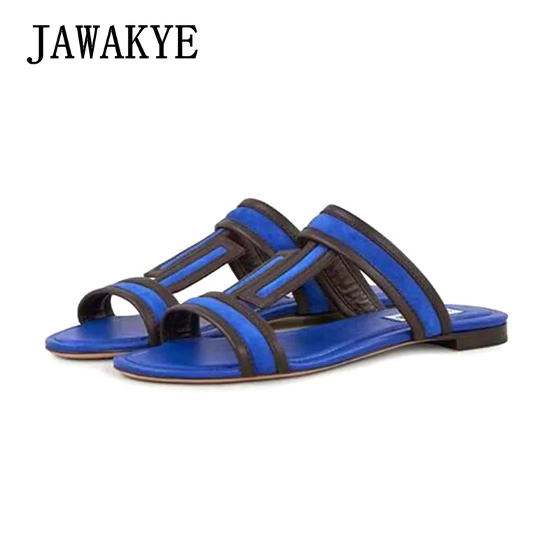 

Comfortable Suede Leather Flat Slippers Summer Outdoor Mules Navy Blue Beach Shoes Women