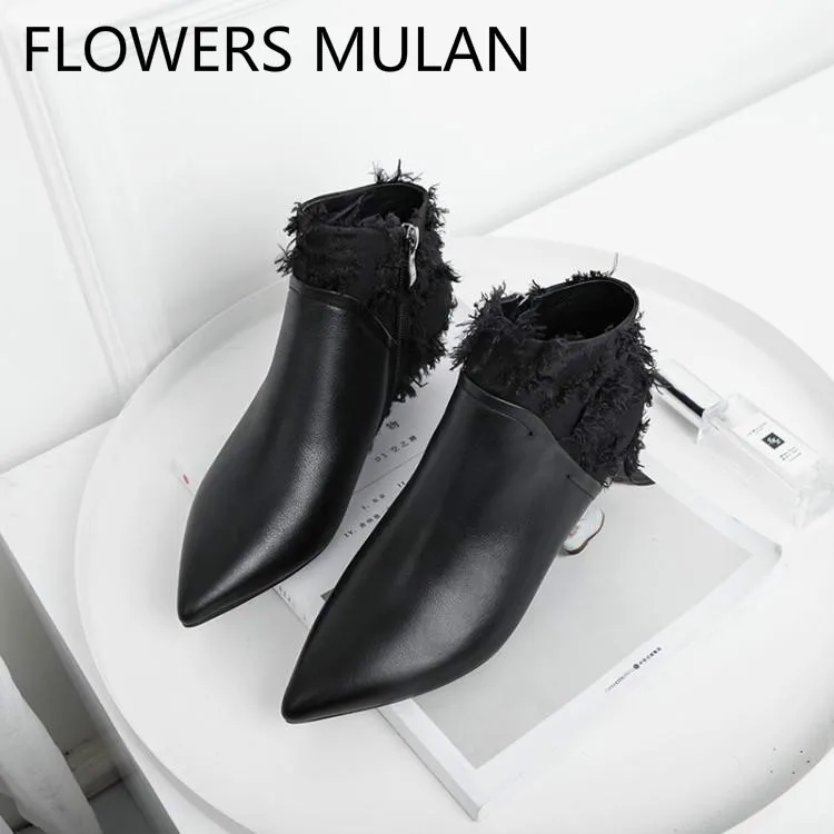 

Fashion Patchwork Leather Hollow Retro Cloth Ankle Boots For Women Chic Pointed Toe High Heels Shoes Woman Side Zipper Botas