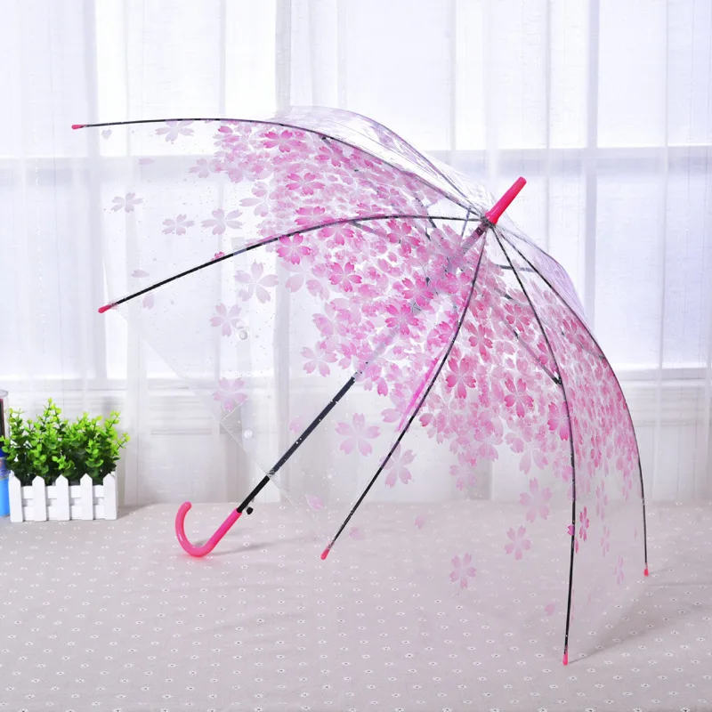 Красивый прозрачный дождевой Зонт Sakura из ПВХ, зонтики с длинной ручкой для свадебной вечеринки - Цвет: Розовый