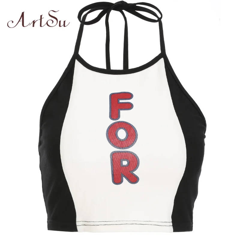 ArtSu White Black Halter Top Workout Fashion Sleeveless