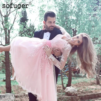 

Pink Summer Short V Neck Elegant Wedding Dress Robe De Mariee Sofuge Boho Dubai Arabic Abiti Da Sposa Long Dresses