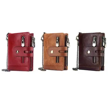 

Fashion Women Men RFID Blocking Genuine Leather Wallet ID Credit Card Coin Holder Purse with Metal Chain Storage Organizer Bag