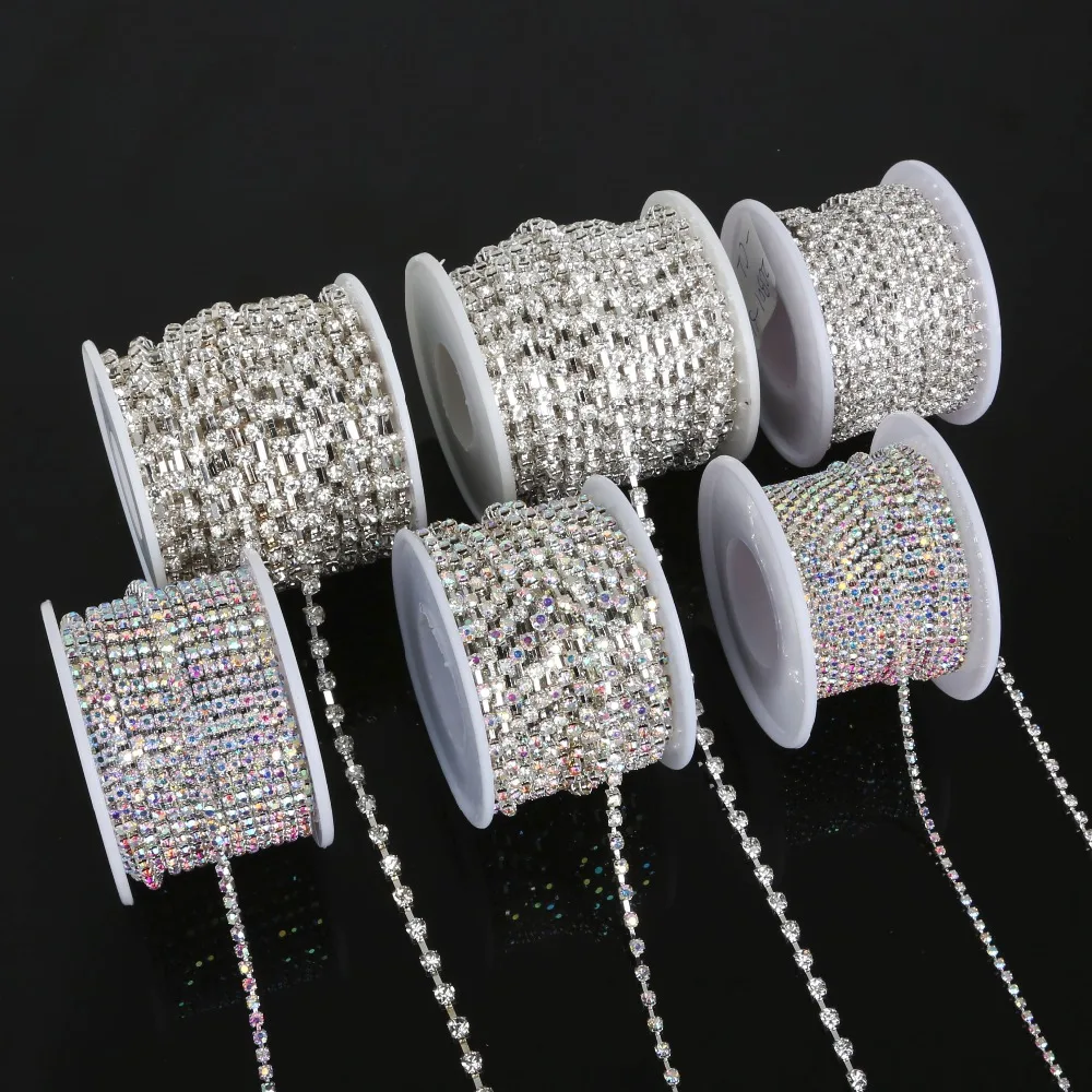 

10 yards/roll White AB/Bright Strass Silver Base Densify Claw SS6-SS18(2mm-4.5mm) Cup Chain For Dress Design