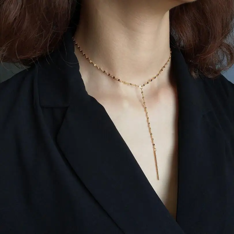 

Line Needle 925 Sterling Silver Long Pendant Necklace Simple and Romantic Style Fine Jewelry Choker Valentine's Gift For Women