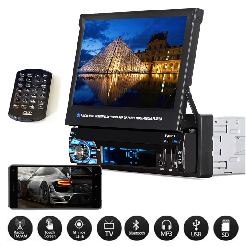 

7" MP5 Multimedia Player Car Radio 1 Din Retractable Touch Screen Autoradio Bluetooth Rear View Camera USB AUX FM Stereo Radio
