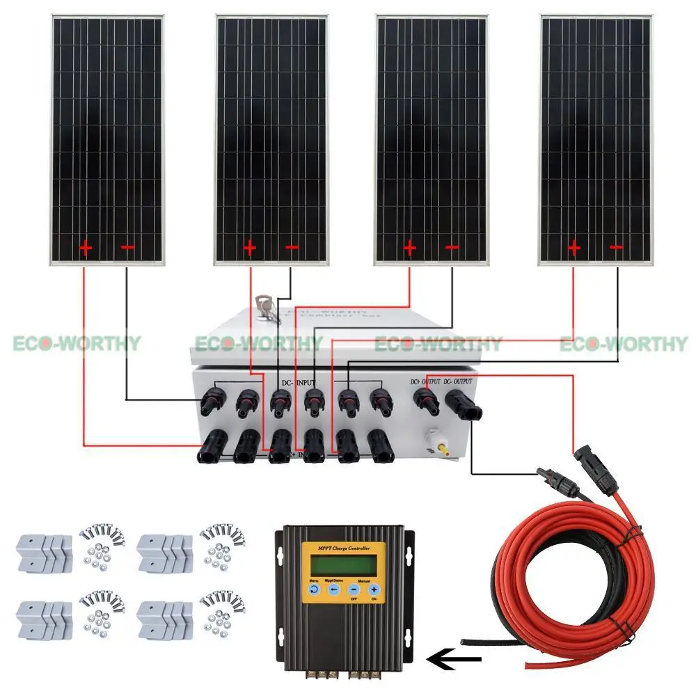 

400W Off Grid Complete Solar power Panel Systems with Z Brackets MPPT Solar charger controller 6-string PV Combiner Box 4pcs100W