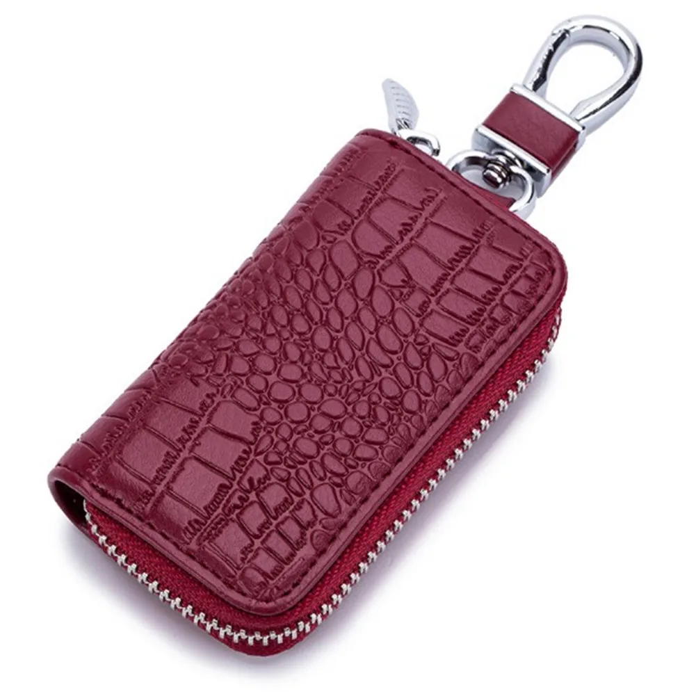 Emarald, брендовый держатель для ключей, высокое качество, натуральная коровья кожа, крокодиловый узор, чехол для ключей на молнии, 6 брелоков, сумка для ключей от автомобиля - Цвет: wine red