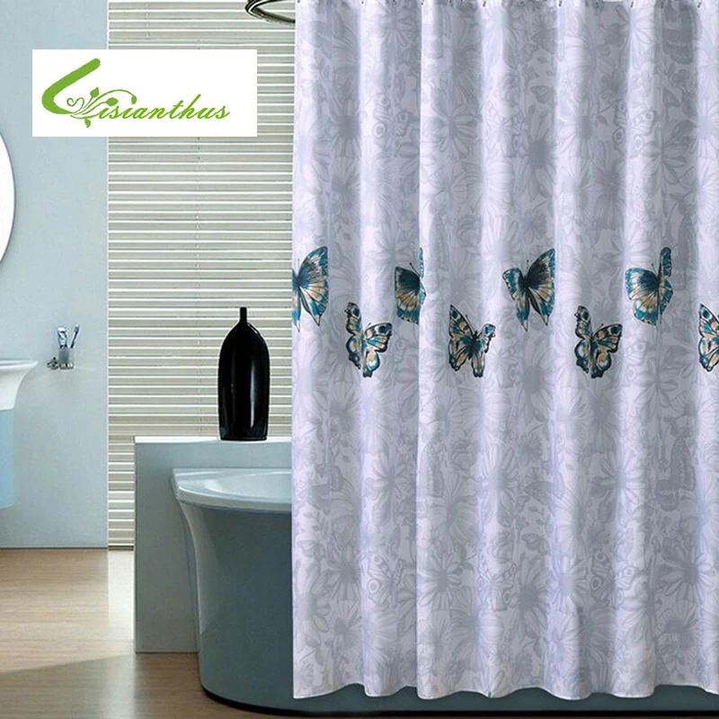 

High Quality Cutrain Waterproof Shower Curtain Butterfly Printed Home Bathroom Curtains with 12 Hooks Polyester Bath Curtain