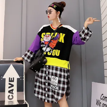 

Thai Chao brand autumn new ins cartoon sequins splice plaid fake two-piece shirt open fork long-sleeved t-shirt skirt woman