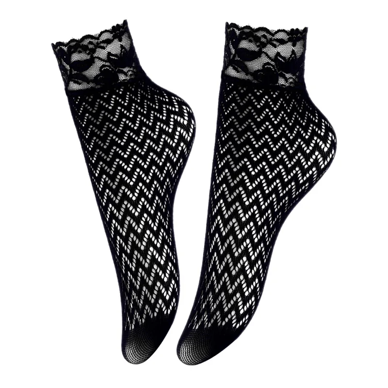 Дамы Девушка прозрачные носки Черная кружевная сеточка цветочный трикотажные носки по щиколотку летние полые Sheer искусства носки волна нейлон шелк Skarpetki