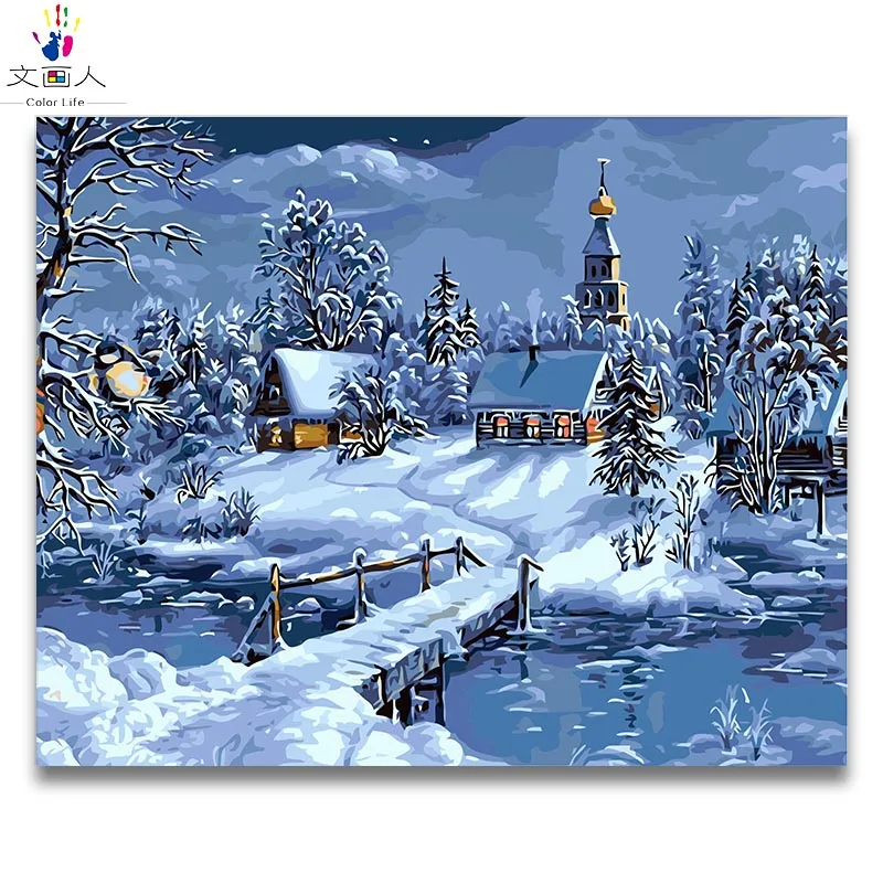 

Paints by numbers landscape building Rural snow scene pictures painting coloring by numbers with colors framed art wall decor