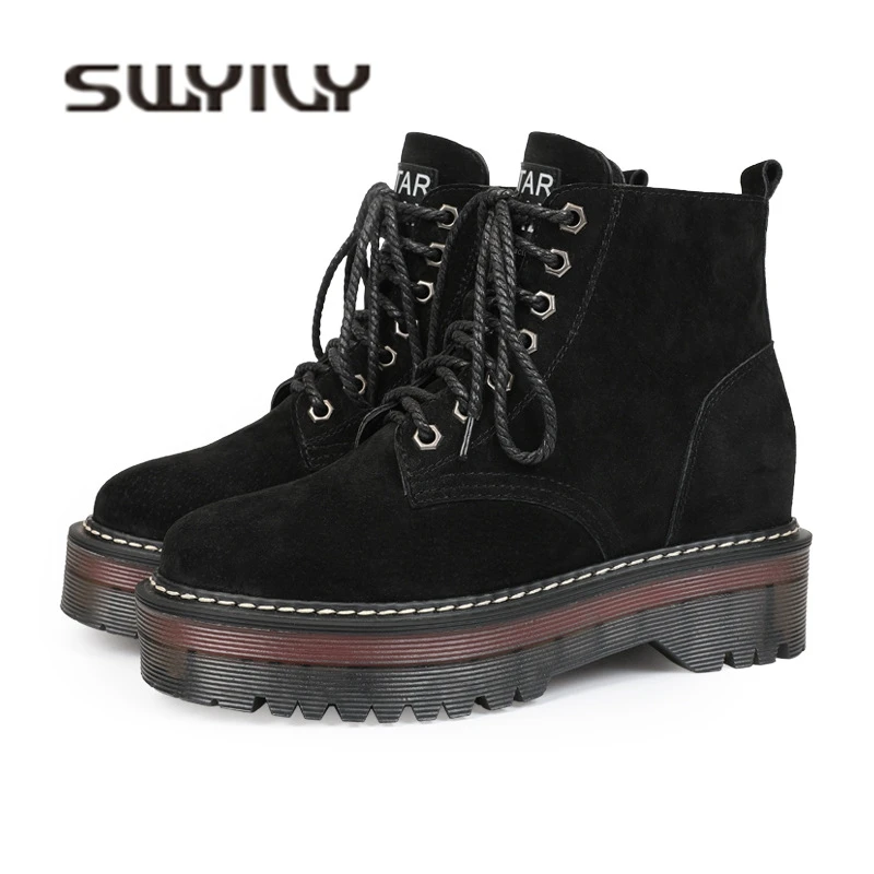 SWYIVY Woman Martin Boots Genuine Leather Velvet Warm 2018 Winter Warm Female Casual Shoes Platform Wedge British Snow Boots 43