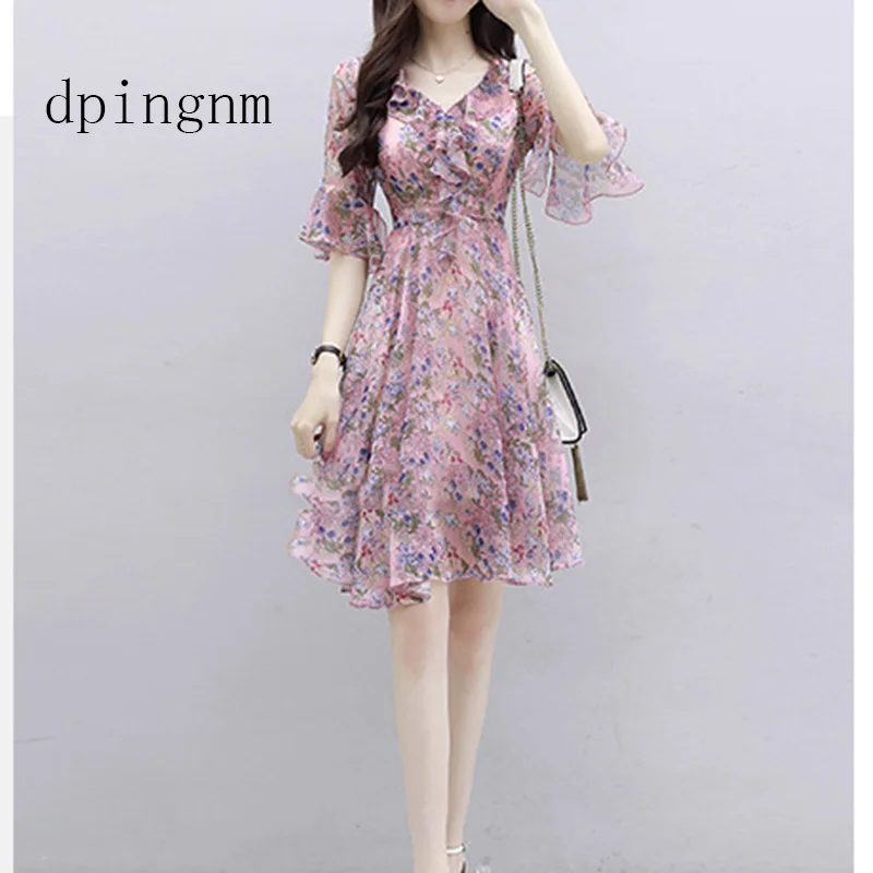 

Summer Dress 2022 Women Sexy Deep V-Neck Flower Print Dresses Hem Folds Bohemian Style Belt Mini Ruffle Beach Dress