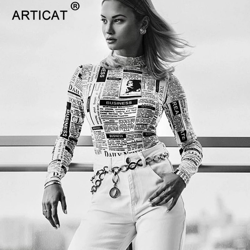 Articat رسائل طباعة طويلة كم عالية الرقبة Bodycon مثير عيد الميلاد ارتداءها 2018 الخريف الشتاء ثوب فضفاض للمرأة بذلة بدلة للجسم