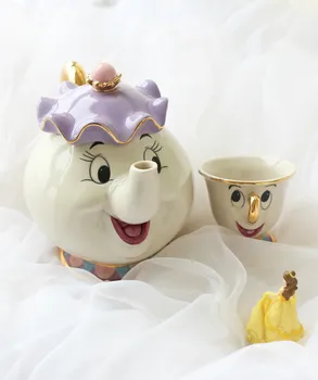 

Hot sale Beauty And The Beast Mrs Potts Chip Coffee Tea Set Pot Cup Mug Porcelain Kettle 18K Gold-plated Ceramic Xmas Gift