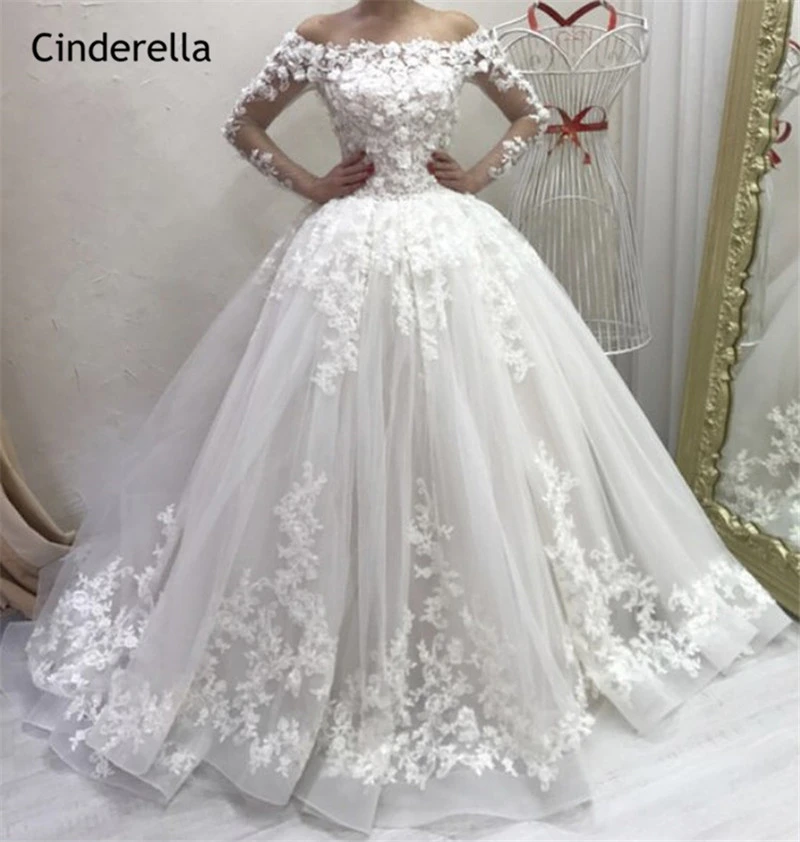Cinderella Fantastic Hand Made Flower Sweep Train Zipper Back Tulle Lace  Applique Ball Gown Wedding Dresses Vestido De Noiva - Wedding Dresses -  AliExpress