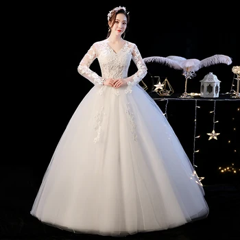 

Wedding Dress 2020 New Mrs Win The Bridal Full Sleeve Sexy V-neck Wedding Gown Princess Luxury Plus Size Wedding Dresses F