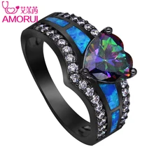 AMORUI Vintage Black Gold Color Rainbow Purple Green Blue CZ Stone Heart Wedding font b Rings