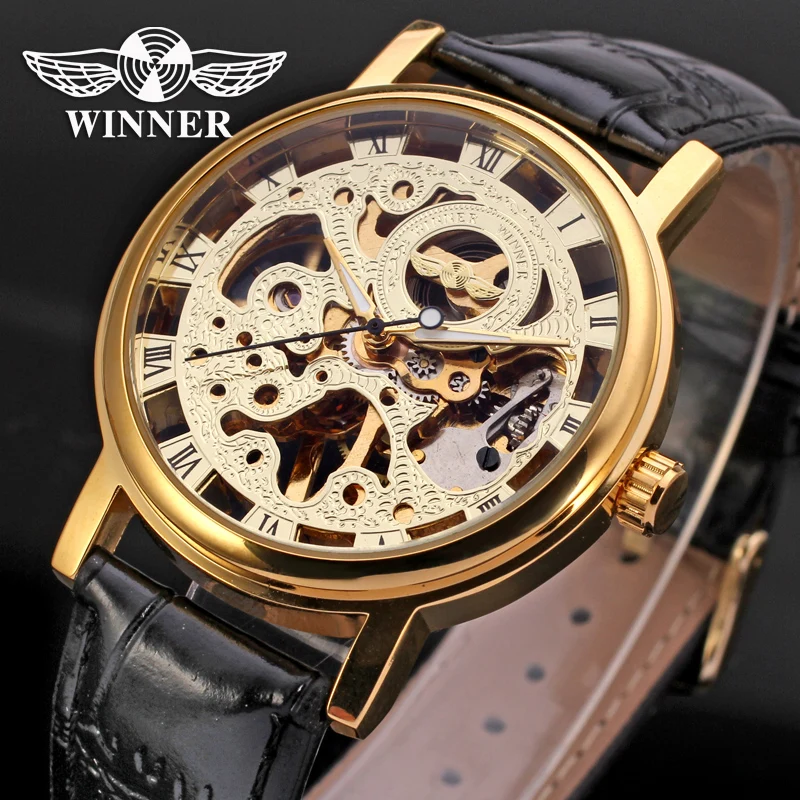 

Winner new Mechanical men gold color skeleton watch black leather strap free shipping WRG8005M3G1