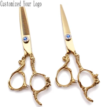 

5.5" Engraving Logo 440C Gold Hair Scissors Flat Scissors Thinning Shears Dragon Handle Hairdresser's Scissors Barber Shop C9003