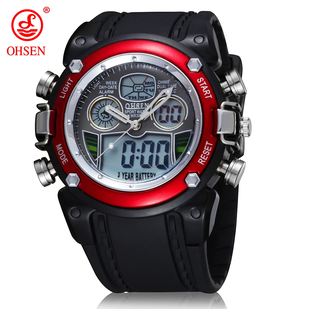 

OHSEN Brand Watches Men Waterproof Fashion Sports Casual Watch Man Men's Wristwatches 2 Time Zone Digital Quartz LED Clock Men
