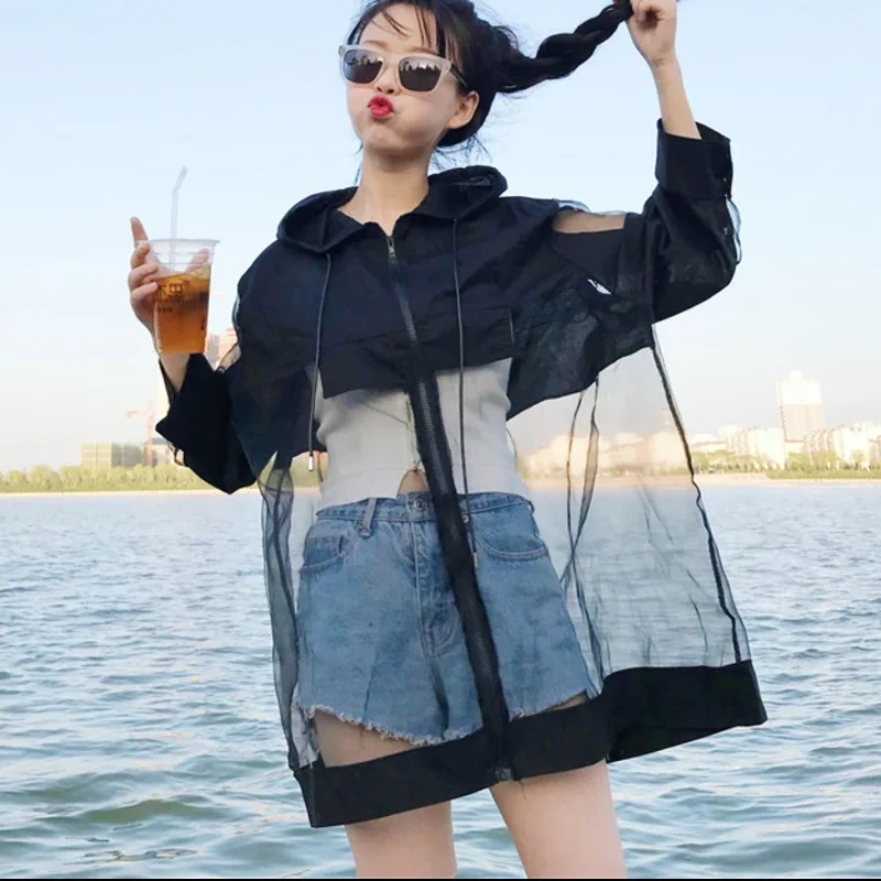 

[DEAT] 2020 Spring Summer New Pattern Cardiagn Hooded Patchwork Mesh Hem Three Quarter Sleeve Thin Ladies Fashion Coat BA420