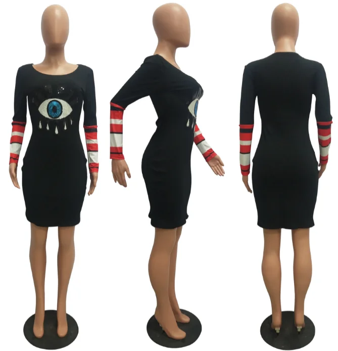 Блестками Глаза Лоскутная Bodycon платье Для женщин с длинным рукавом плюс Размеры