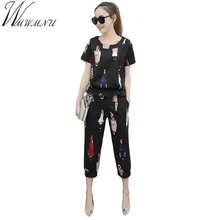 Wmwmnu summer short sleeve suits women casual tracksuit Cartoon characters print linen two piece set plus size lady ls260