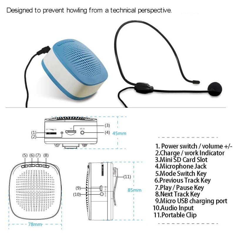 HAWEEL 5W Multi-function Portable Little Bee Voice Amplifier Speaker with Wired Microphone for Teacher / Tourist Guide