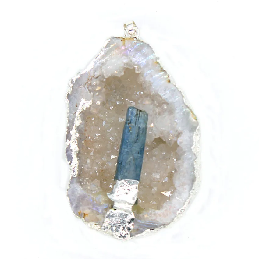 

100-Unique 1 Pcs Silver Plated Irregular Shape Original Rock Crystal With Blue Tourmaline Pendant Meditation Jewelry