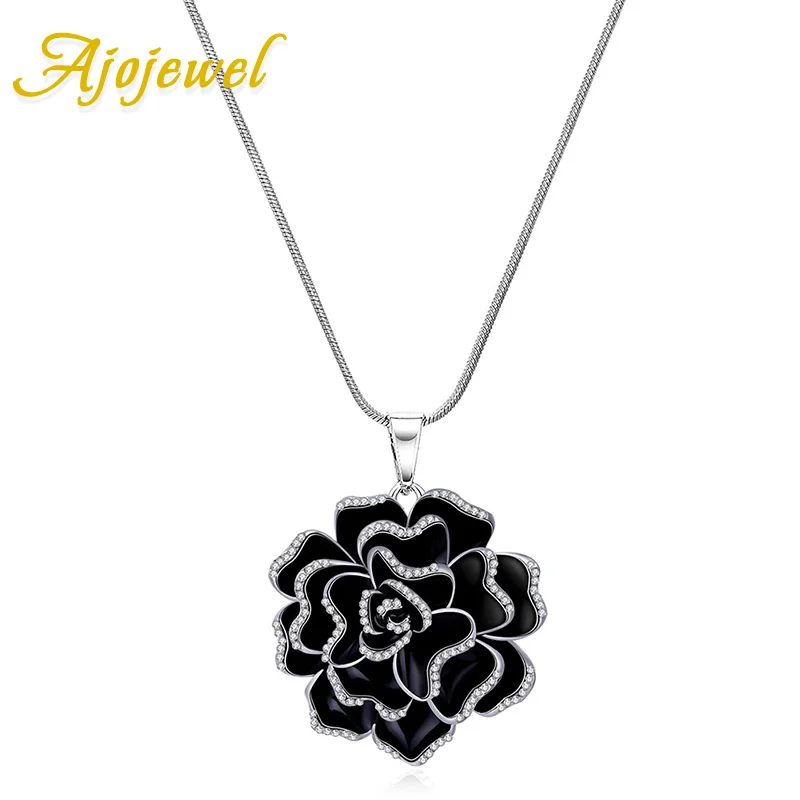 Ajojewel Platinum Plated Black Enamel Flower Women Vintage Jewelry Necklace Pendant 2016 Accessories Gift