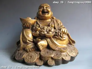 

12"Chinese Buddhism Copper Bronze Lucky Happy coin Money Maitreya Buddha statue Discount 55%