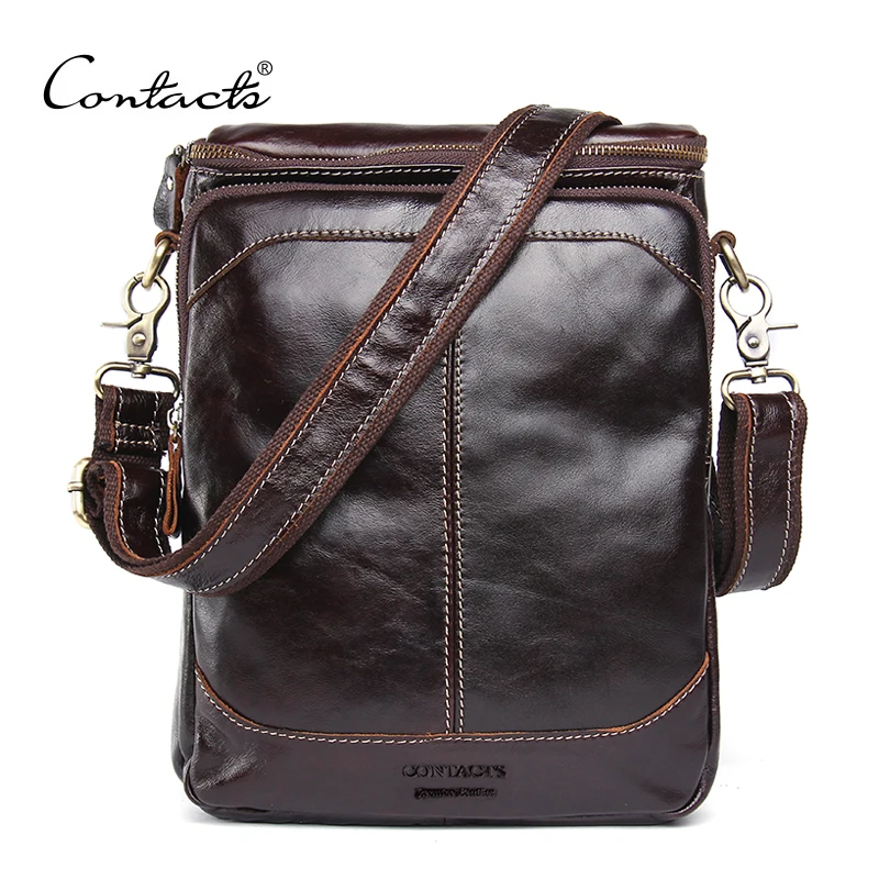 CONTACT'S HOT!! 2018 Genuine Leather Bags Men High Quality Messenger Bags Small Travel Dark Brown Crossbody Shoulder Bag For Men