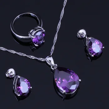

Terrific Water Drop Purple Cubic Zirconia Silver Plated Jewelry Sets Earrings Pendant Chain Ring V0958