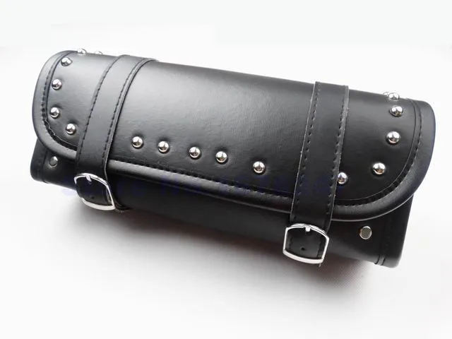 Motorcycle Black Rivet PU Leather Rear Front Fork Bag Tail Saddlebag Repair Tool Storage Bag Box ...