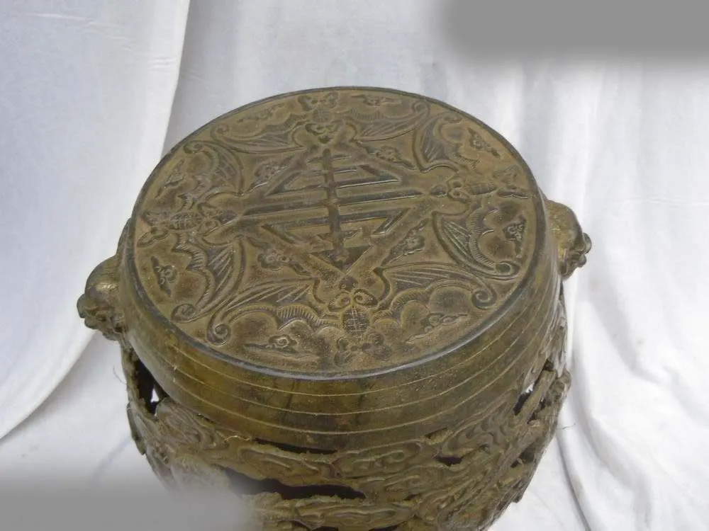 

Chinese bronze carved Cutout two dragon play bead stool Sculpture statue