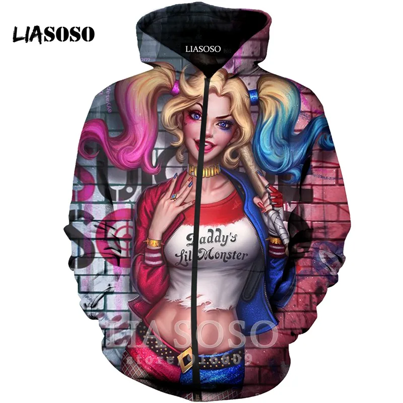 Funny 3D Print Unisex Anime Harley Quinn hip hop clown Sweatshirt joker jacket Harajuku zipper shirt hoodies rock hoodie A125 - Цвет: 1