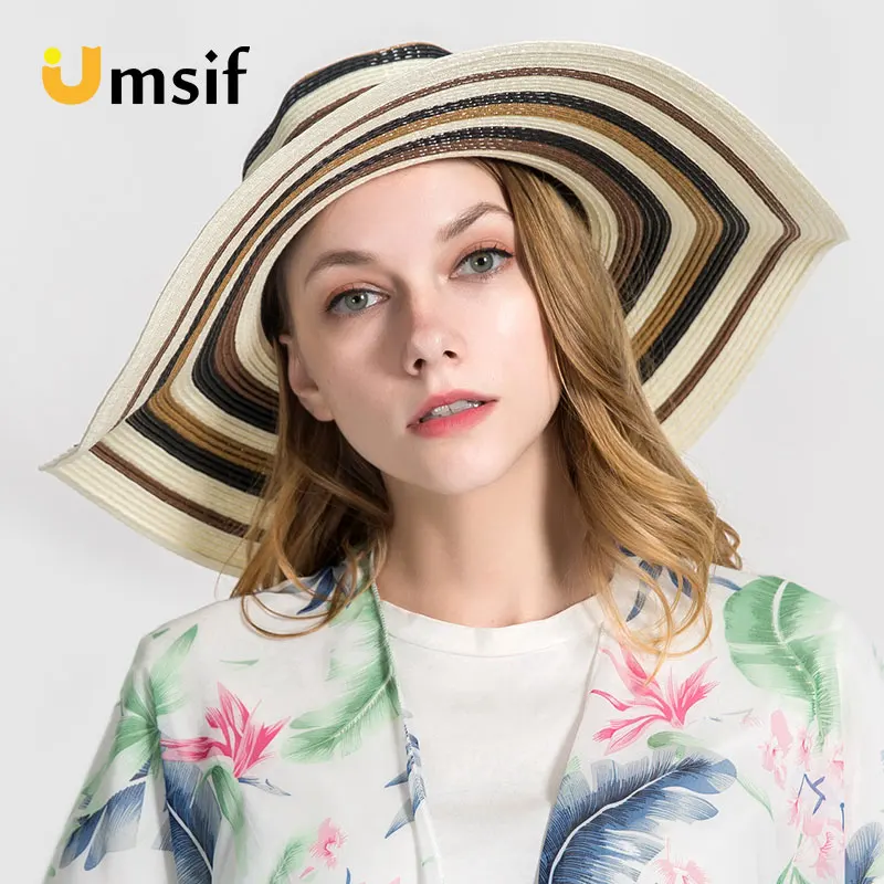 

Women Striped Sun Hat Straw Cap Beach Big Wide Brim Hat Panama Caps 2019 New Fashion Female Casual Summer Cap Floppy Fedoras