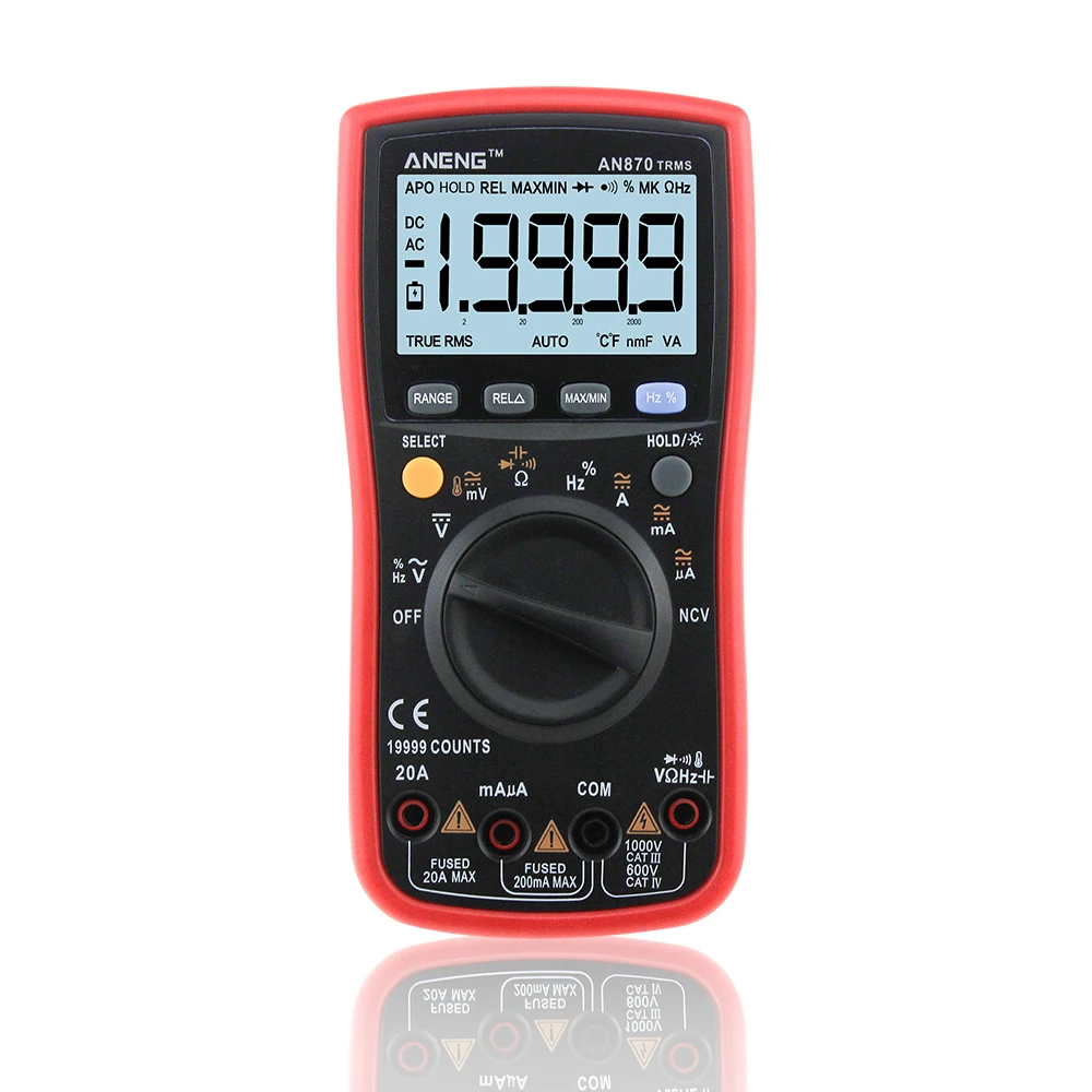 

ANENG AN870 Red Digital Multimeter 6000 counts True Rms Multimeter Transistor Tester Voltimetro AC/DC Ammeter Ohm Alligator clip