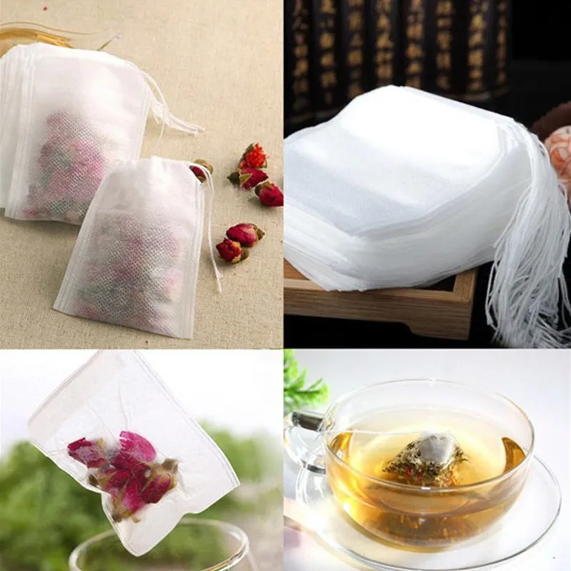 

100 piezas Bolsas de té vacía perfumado Bolsas de té infusor con cadena de sanar sello de papel de filtro para Herb té suelto Bolsas bolsitas de tela