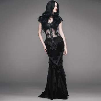 

EVA LADY Gothic Style Palace Nobility Rose Embossing Velvet Skirt Steampunk Visual Kei Black Fishtail Floor-Length Skirts