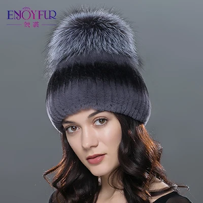 Женская меховая шапка бини ENJOYFUR, теплая шапка из натурального меха кролика или черно-бурой лисы на зиму - Цвет: 360