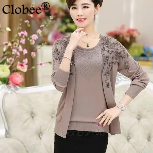 

two piece poncho feminino 2018 Winter plus size Elegant Women Oversized middle age blusa tricot feminina Crochet Sweaters WQ861